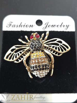 Изумителна изработка на кристална  брошка ПЧЕЛА и висулка за колие с изящни бели и преливаши златисти и черни кристали, размери 4,5 на 3 см, златиста основа - B1479